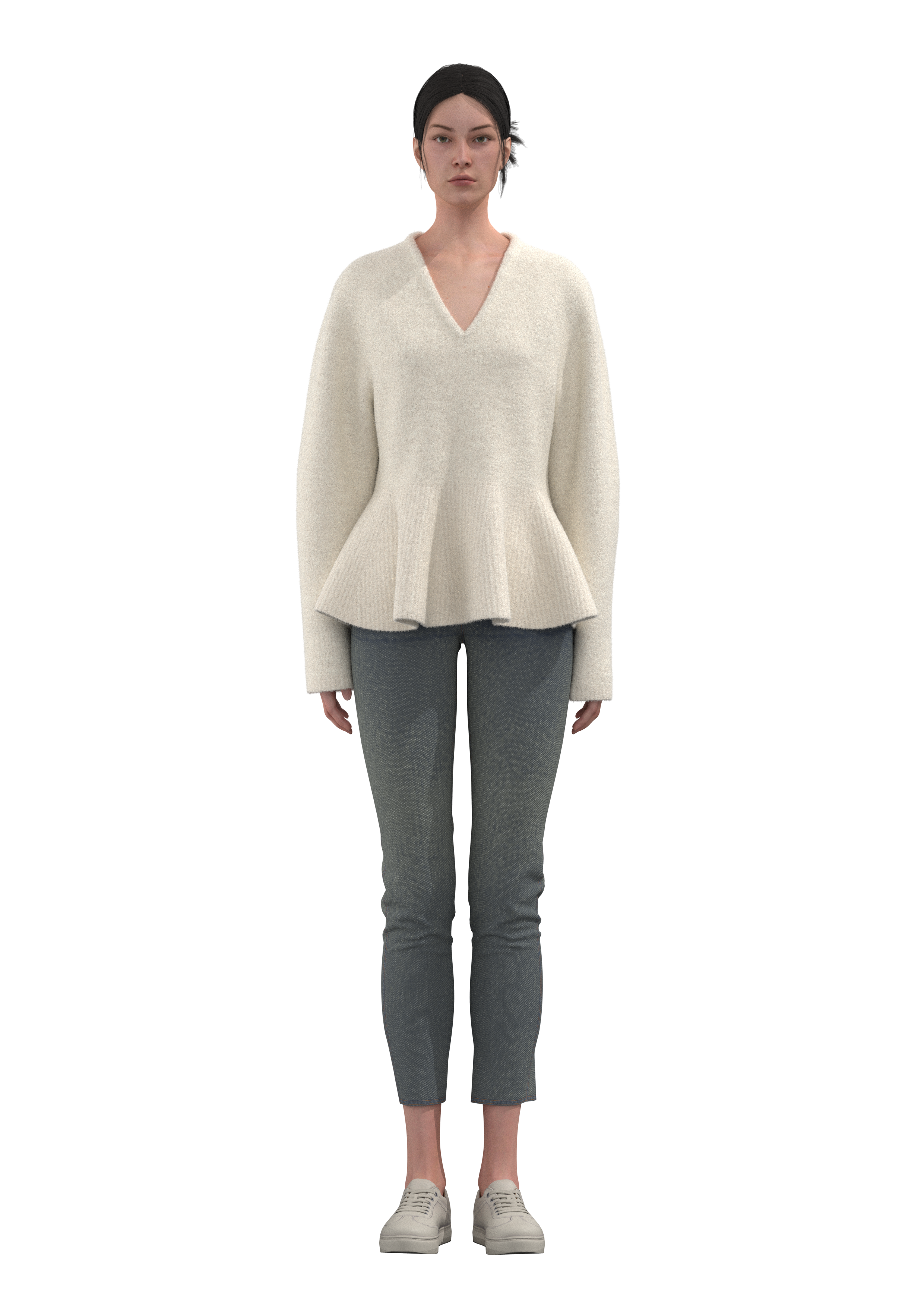 Women's V-neck leg of mutton sleeve waisted ruffle hem sweater