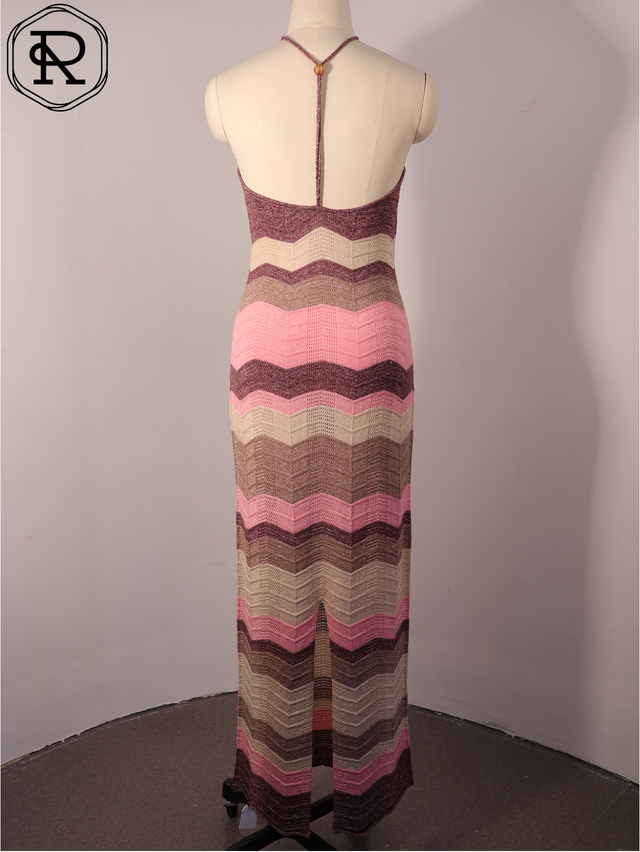 Metallic Chevron Pointelle Knit Halter Maxi Dress