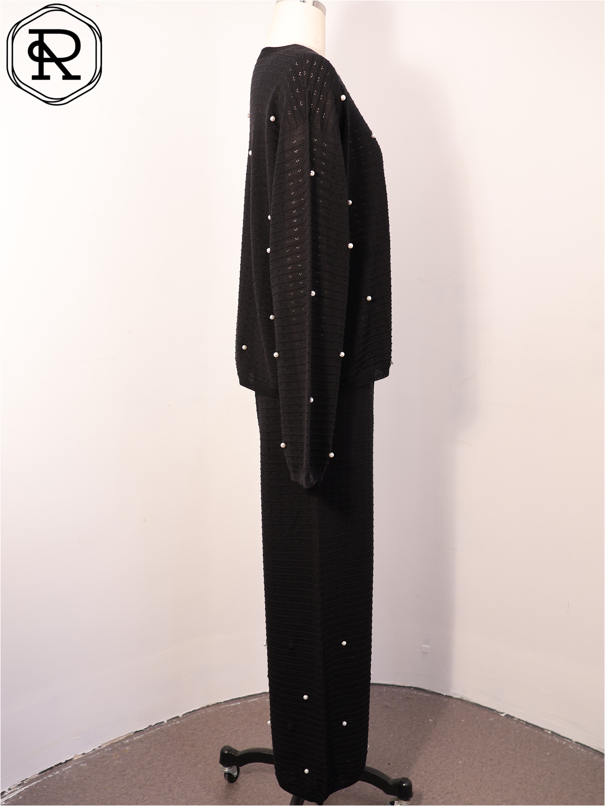 Pearl-Embellished Pointelle Knit Two-Piece Set