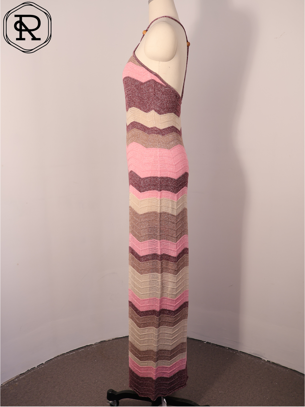 Metallic Chevron Pointelle Knit Halter Maxi Dress