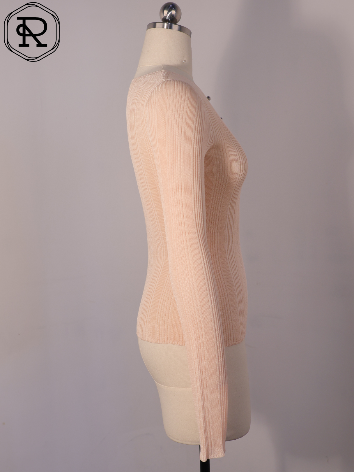 Beaded Keyhole Rib-Knit Long-Sleeve Top