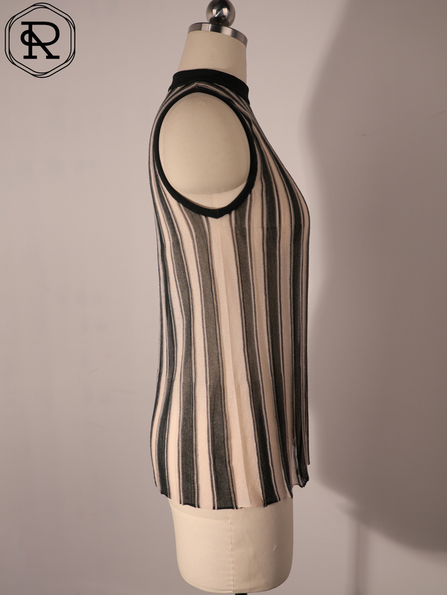 Vertical Striped Mock Neck Pointelle Knit Shell Top