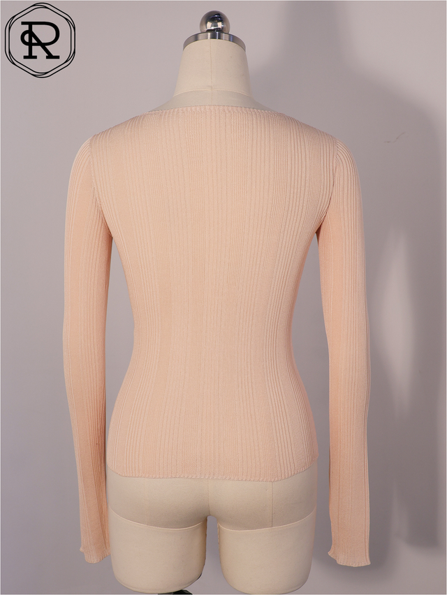 Beaded Keyhole Rib-Knit Long-Sleeve Top