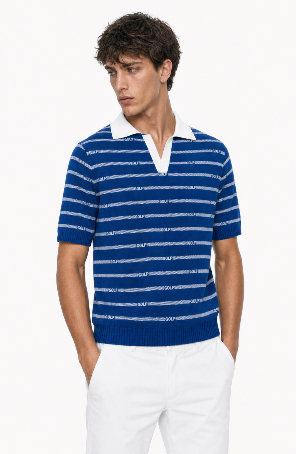 Men's golf top with blue and white stripes