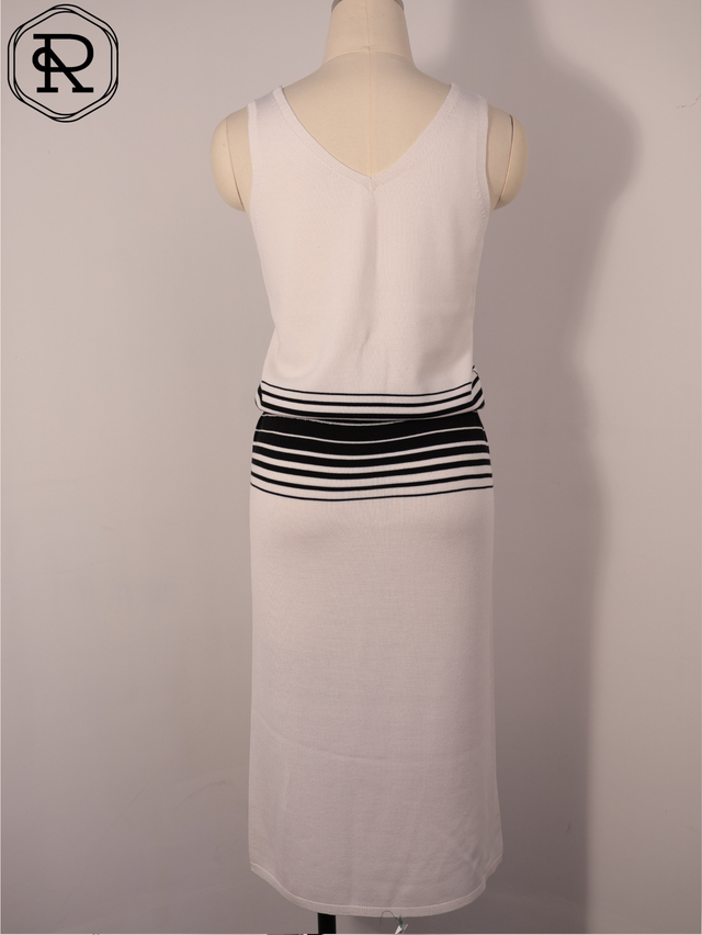 Striped Drawstring Waist Knit V-Neck Maxi Dress