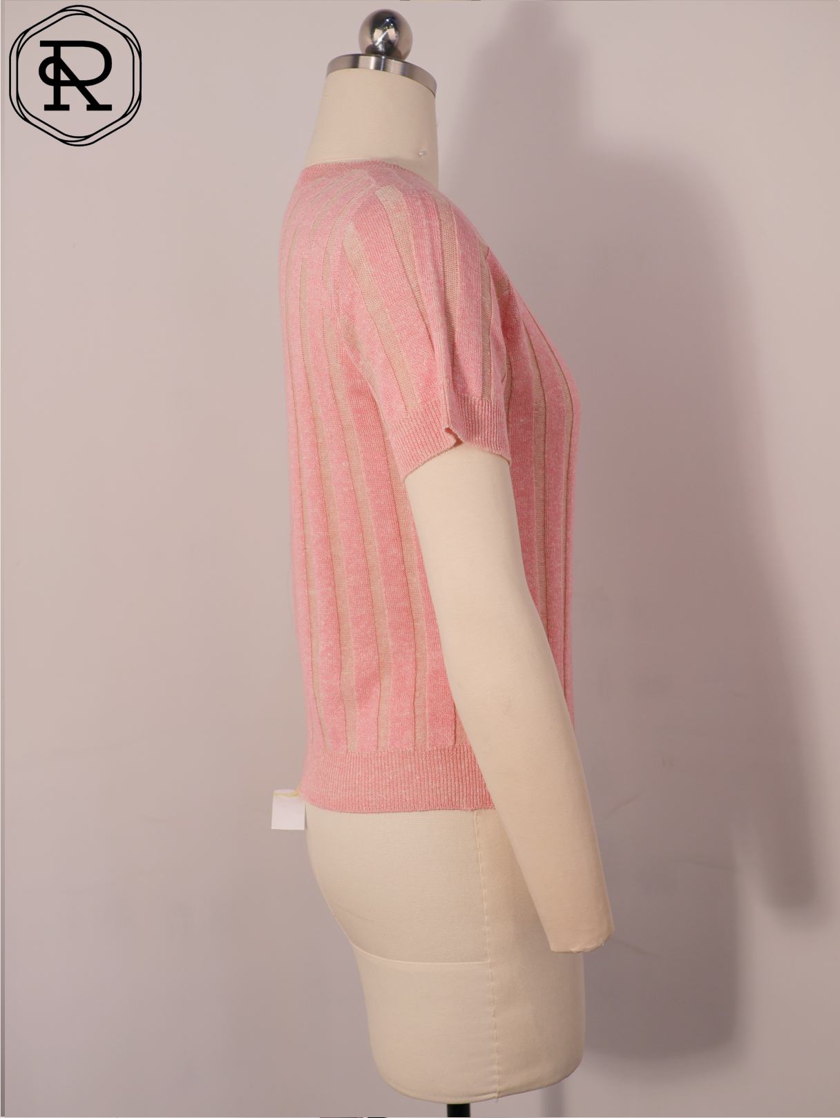 Vertical Striped Rib-Knit Short-Sleeve Top with Metallic Shimmer