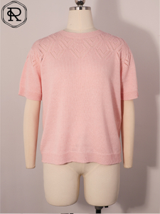 Metallic Chevron Pointelle Yoke Short-Sleeve Knit Top