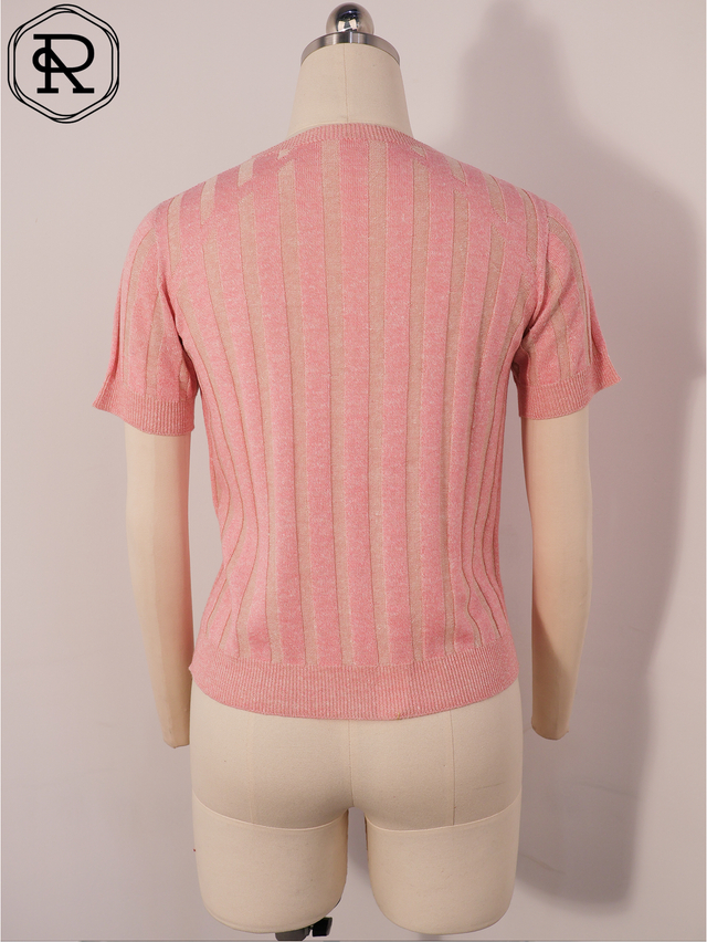 Vertical Striped Rib-Knit Short-Sleeve Top with Metallic Shimmer