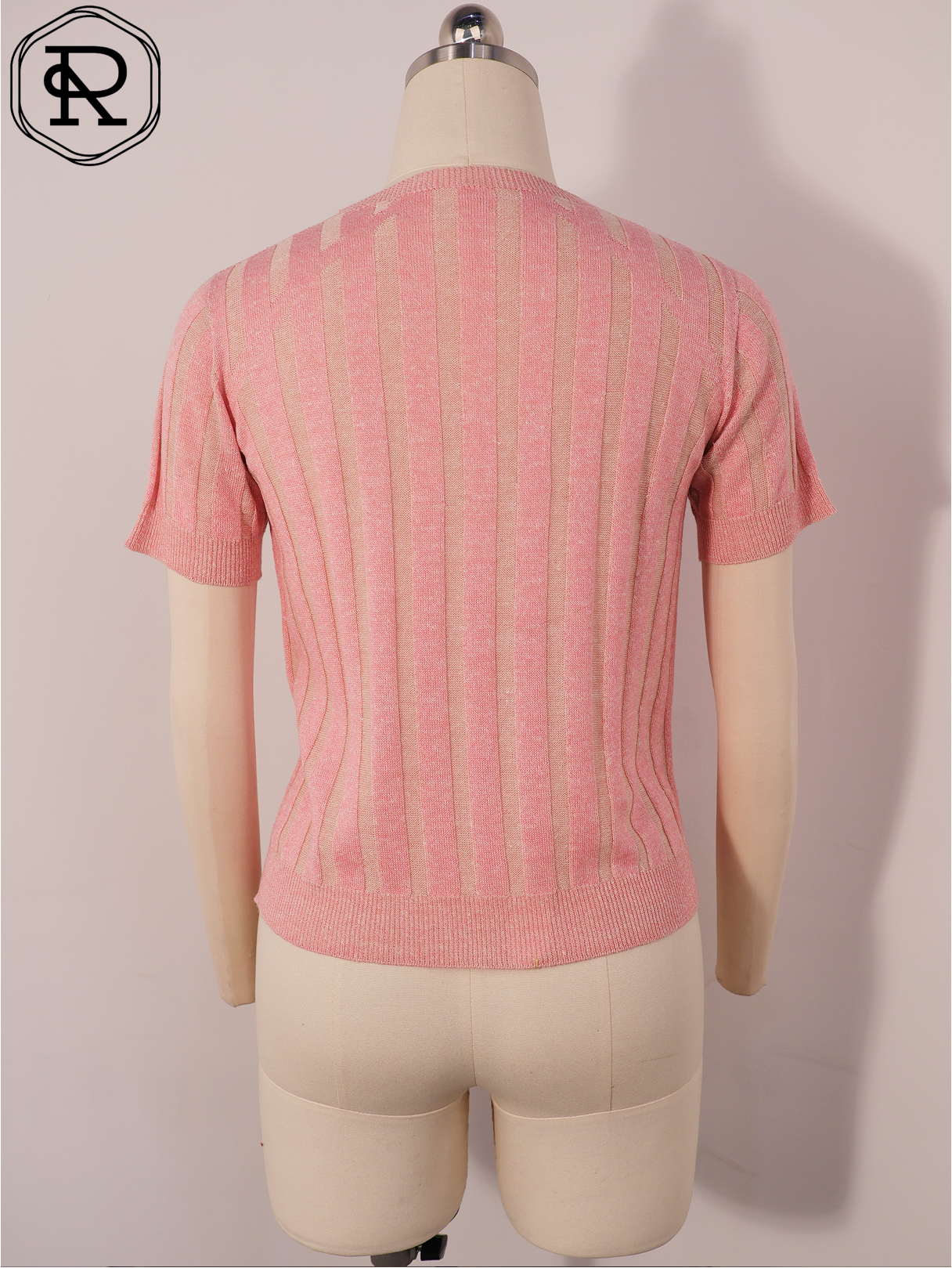 Vertical Striped Rib-Knit Short-Sleeve Top with Metallic Shimmer