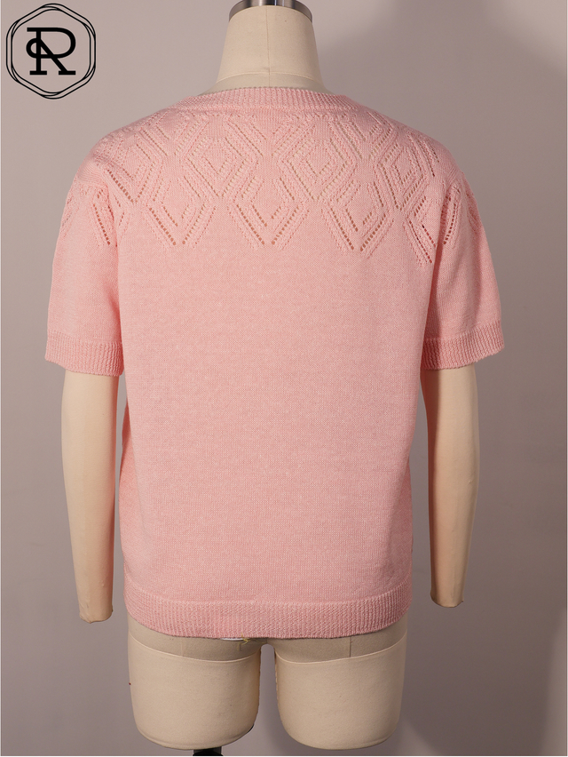 Metallic Chevron Pointelle Yoke Short-Sleeve Knit Top