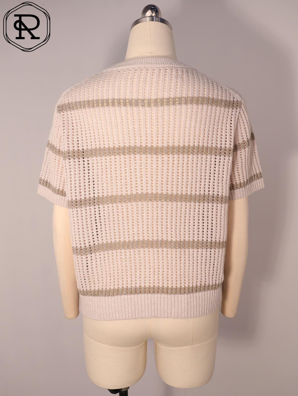 Gestreifter Pointelle-Kurzarmstrick-Cardigan mit Taschen