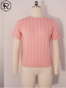 Vertical Striped Rib-Knit Short-Sleeve Top with Metallic Shimmer