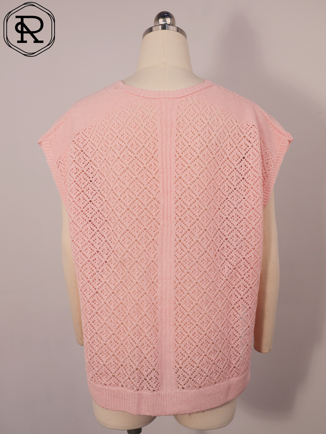 V-Neck Geometric Pointelle Knit Top with Side Slits