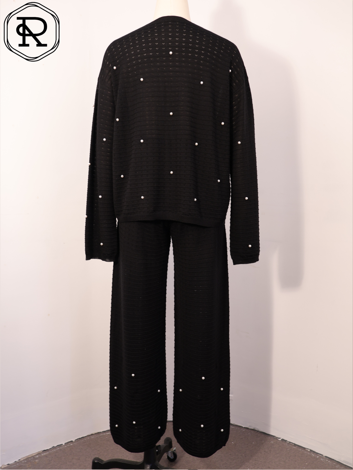 Pearl-Embellished Pointelle Knit Two-Piece Set